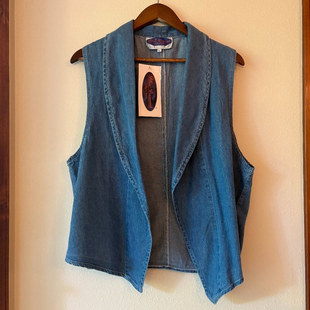NWT Blue Diamond Denim Vest Shawl Collar Coastal Cowgirl Summer 100% Cotton Sz L
